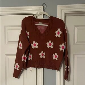 Altar'd State Brown V-Neck Sweater with Floral Design